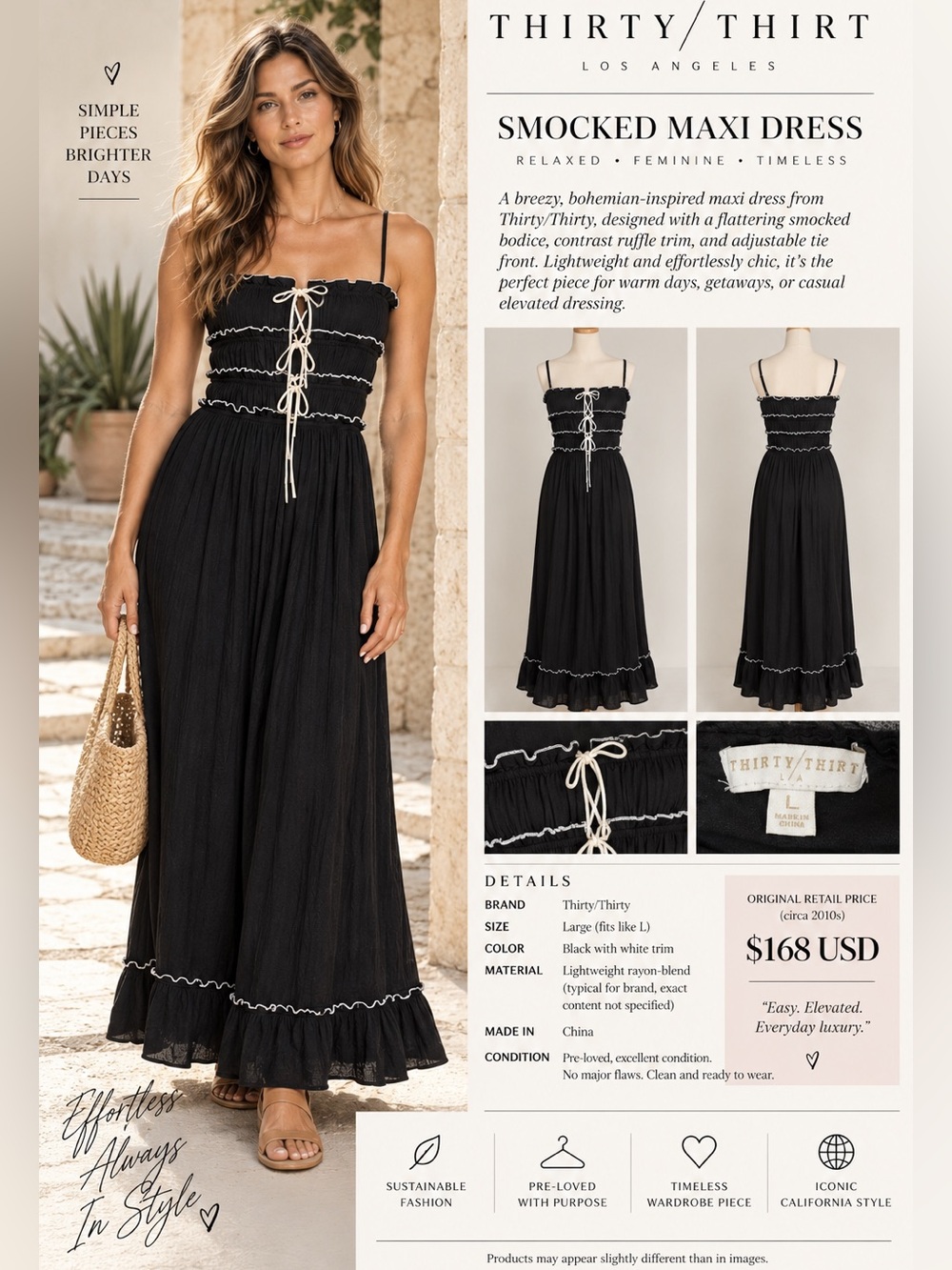 Thirty/Thirty from LA — Black Smocked Maxi Dress & White Contrast Retail $168USD